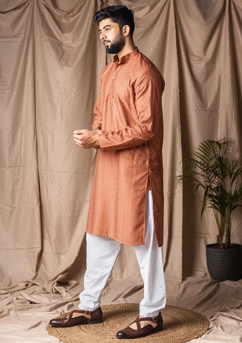Reddish Orange Weaved Rayon Kurta For Men - Indya