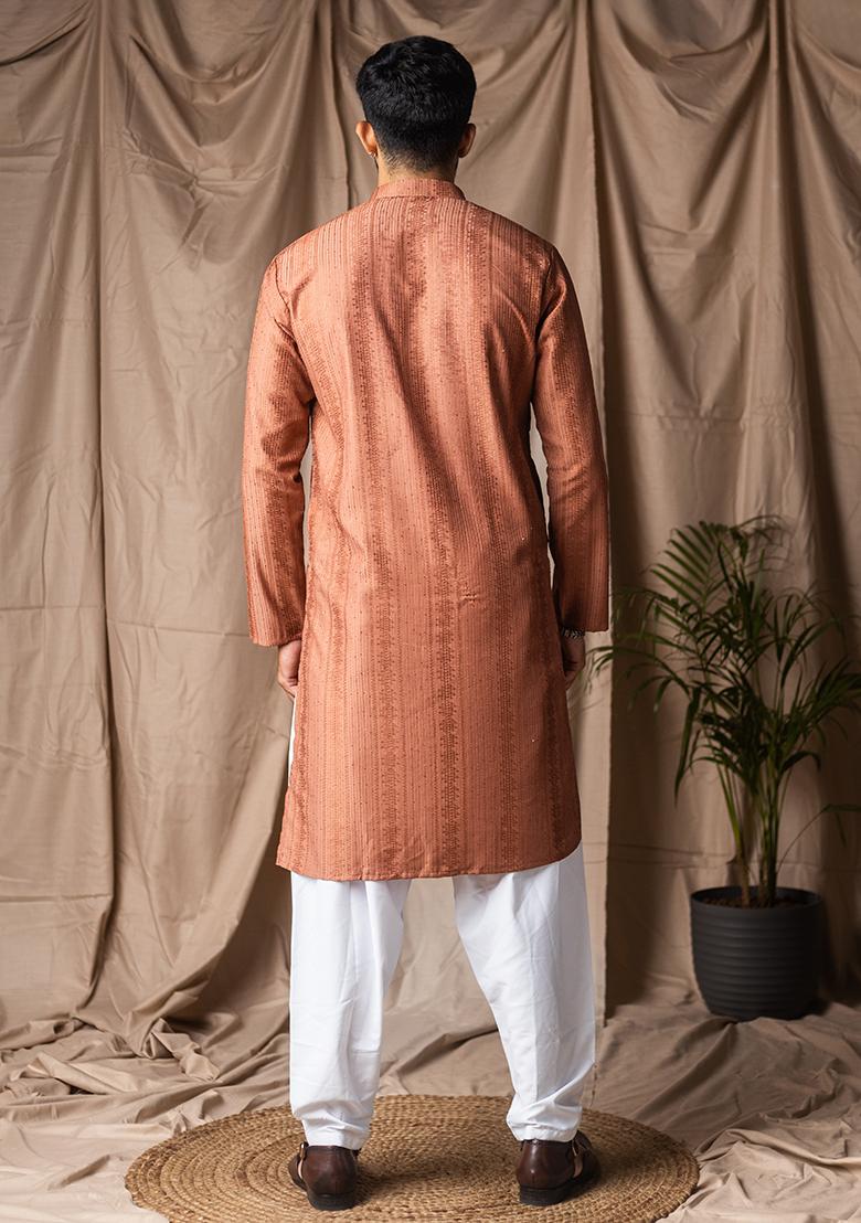 Reddish Orange Weaved Rayon Kurta For Men