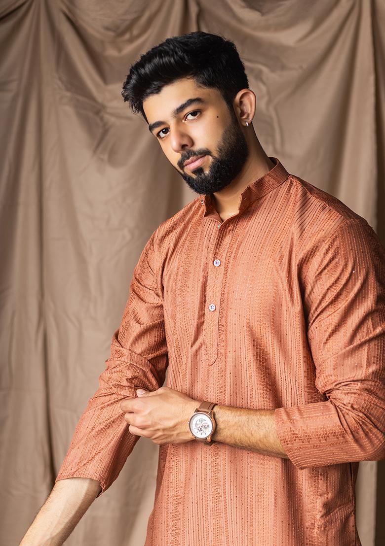 Reddish Orange Weaved Rayon Kurta For Men - Indya