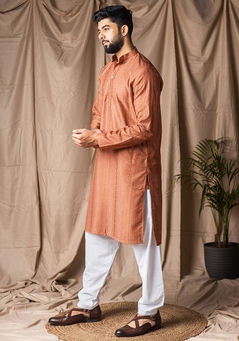 Reddish Orange Weaved Rayon Kurta For Men
