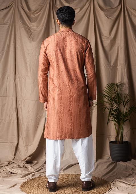 Reddish Orange Weaved Rayon Kurta For Men
