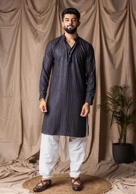 Dark Grey Weaved Rayon Kurta For Men