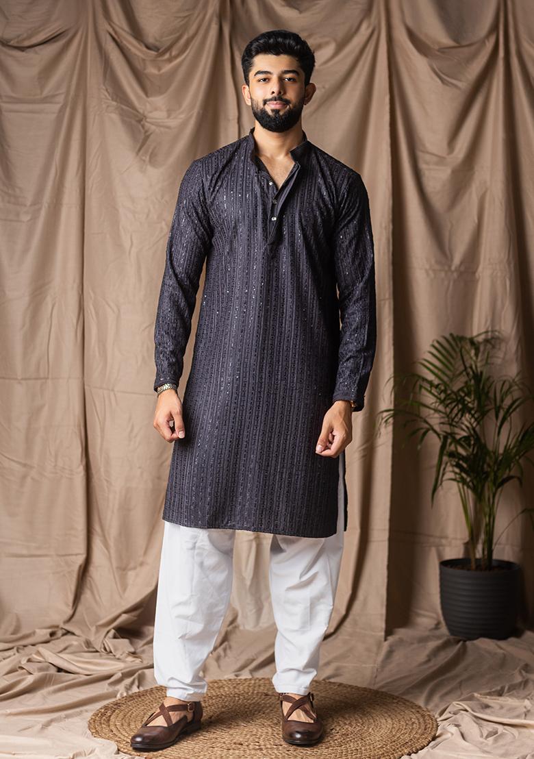 Dark Grey Weaved Rayon Kurta For Men - Indya