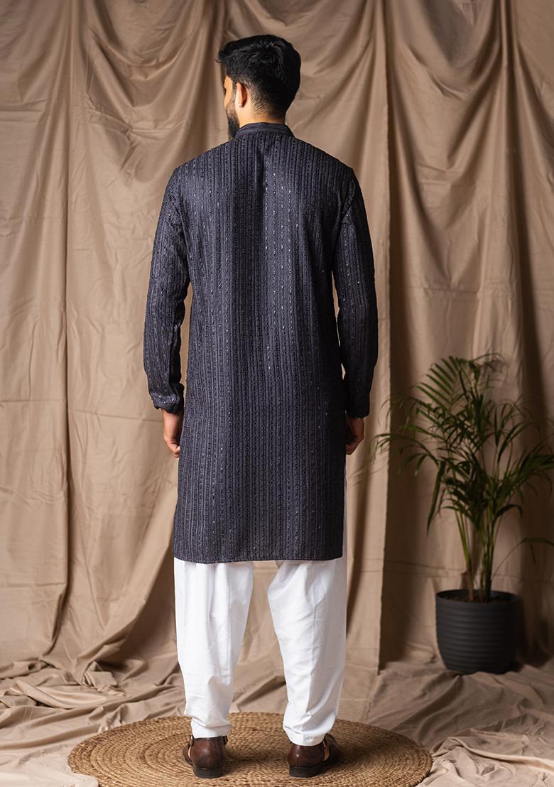 Dark Grey Weaved Rayon Kurta For Men - Indya