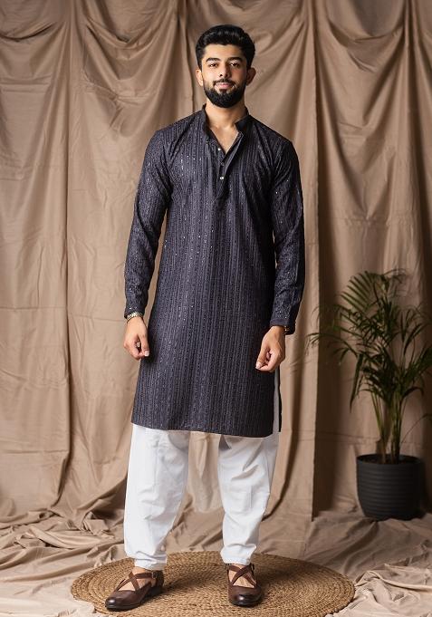 Dark Grey Weaved Rayon Kurta For Men