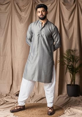 Grey Weaved Rayon Kurta For Men