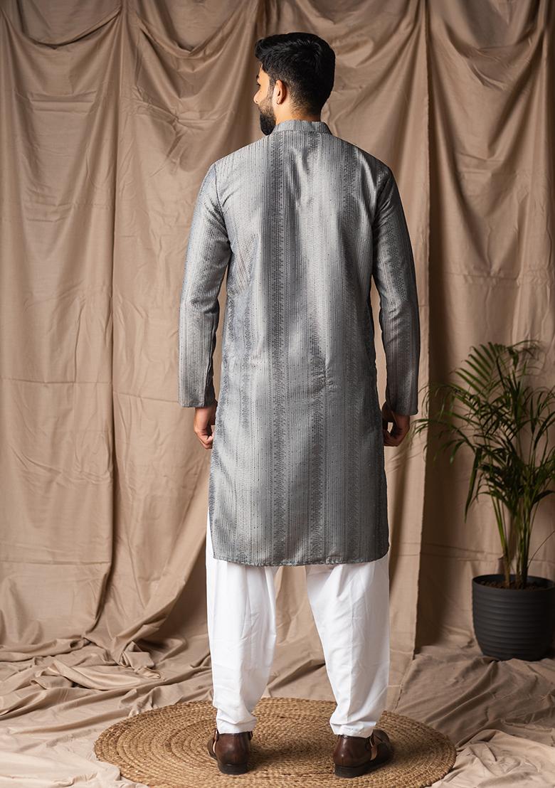 Grey Weaved Rayon Kurta For Men - Indya