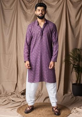 Purple Weaved Rayon Kurta For Men