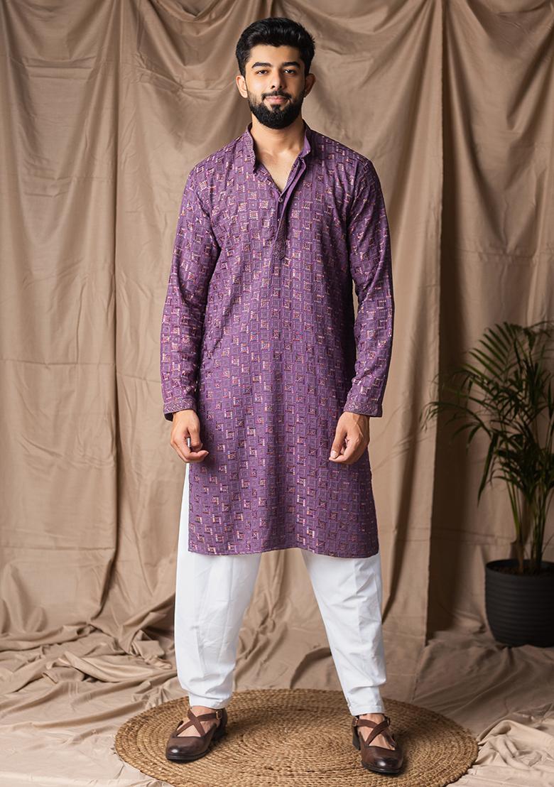 Purple Weaved Rayon Kurta For Men - Indya