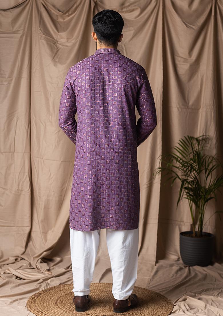 Purple Weaved Rayon Kurta For Men - Indya