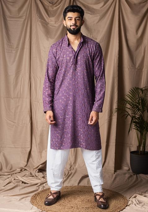 Purple Weaved Rayon Kurta For Men