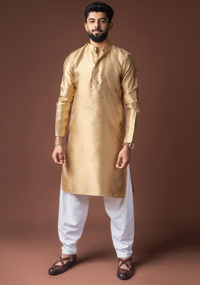 Golden Weaved Jacquard Kurta For Men - Indya