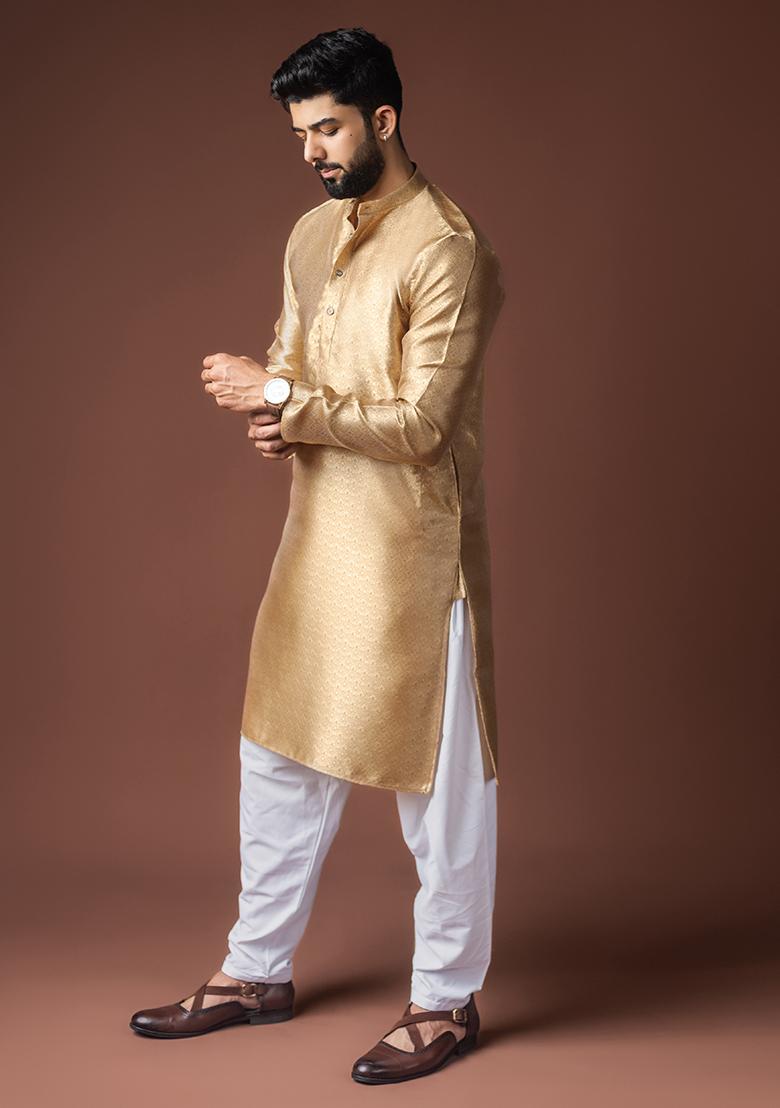 Golden Weaved Jacquard Kurta For Men - Indya
