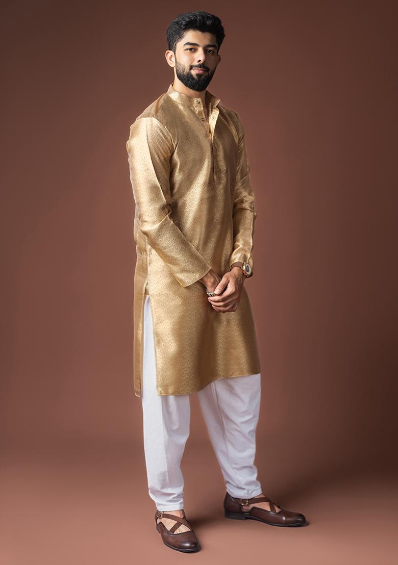 Golden Weaved Jacquard Kurta For Men - Indya