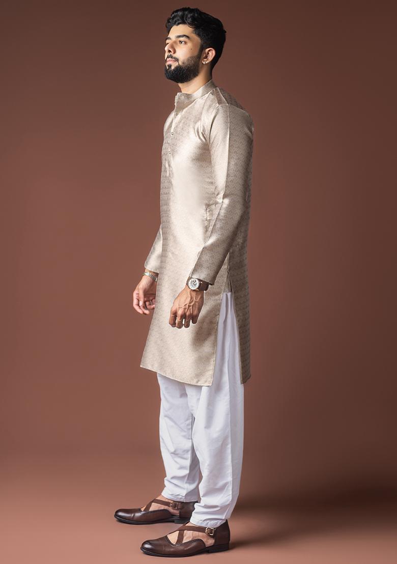 Silver Weaved Jacquard Kurta For Men - Indya
