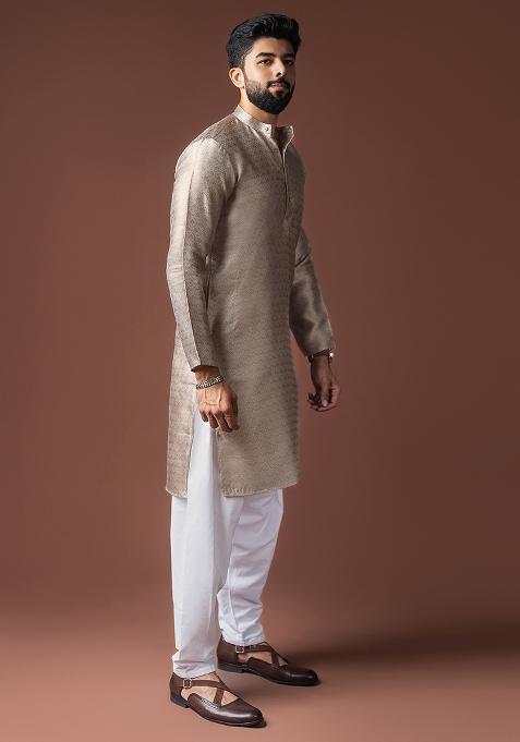 Silver Weaved Jacquard Kurta For Men