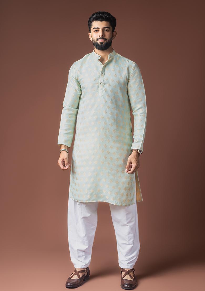 Light Green Weaved Jacquard Kurta For Men - Indya