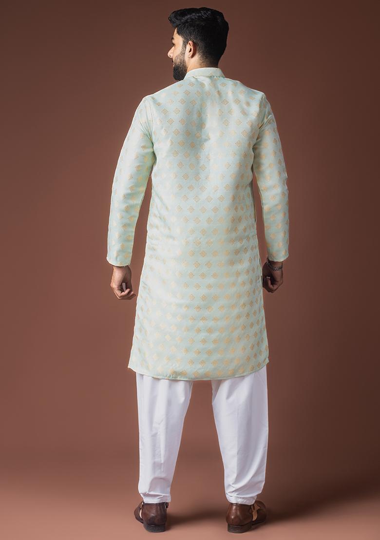 Light Green Weaved Jacquard Kurta For Men - Indya
