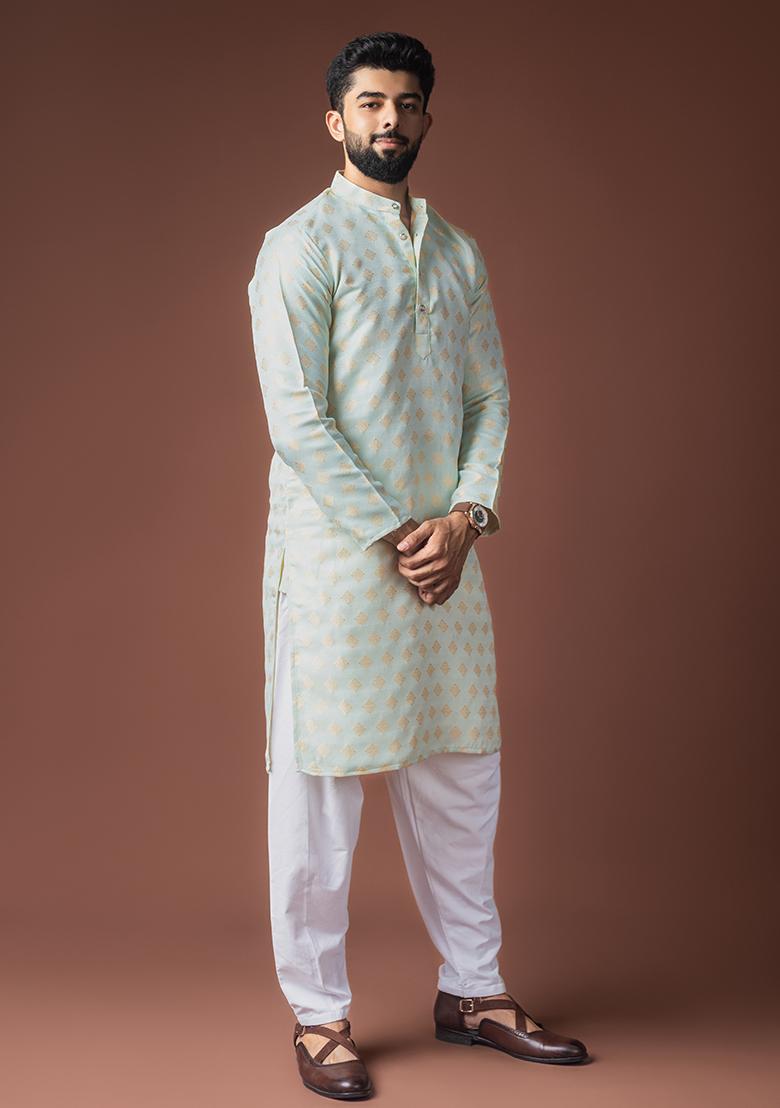 Light Green Weaved Jacquard Kurta For Men - Indya