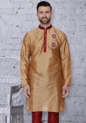 Golden Embroidery Sequins Work Dupion Silk Blend Kurta For Men