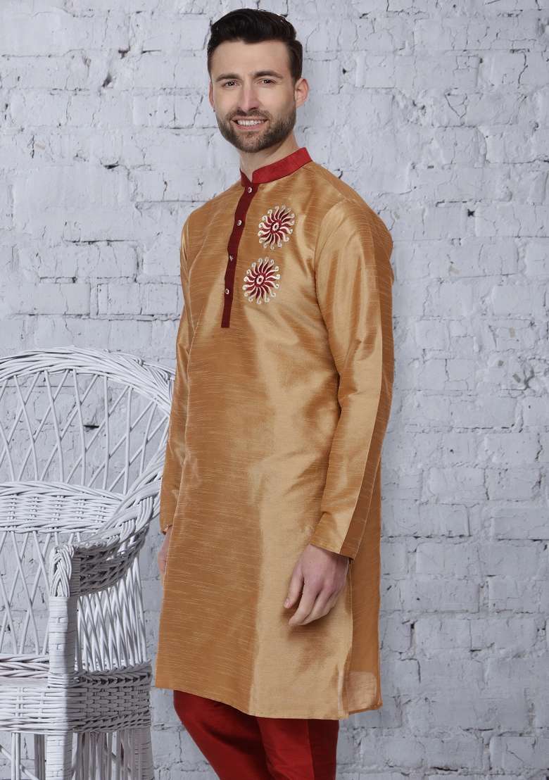 Golden Embroidery Sequins Work Dupion Silk Blend Kurta For Men - Indya