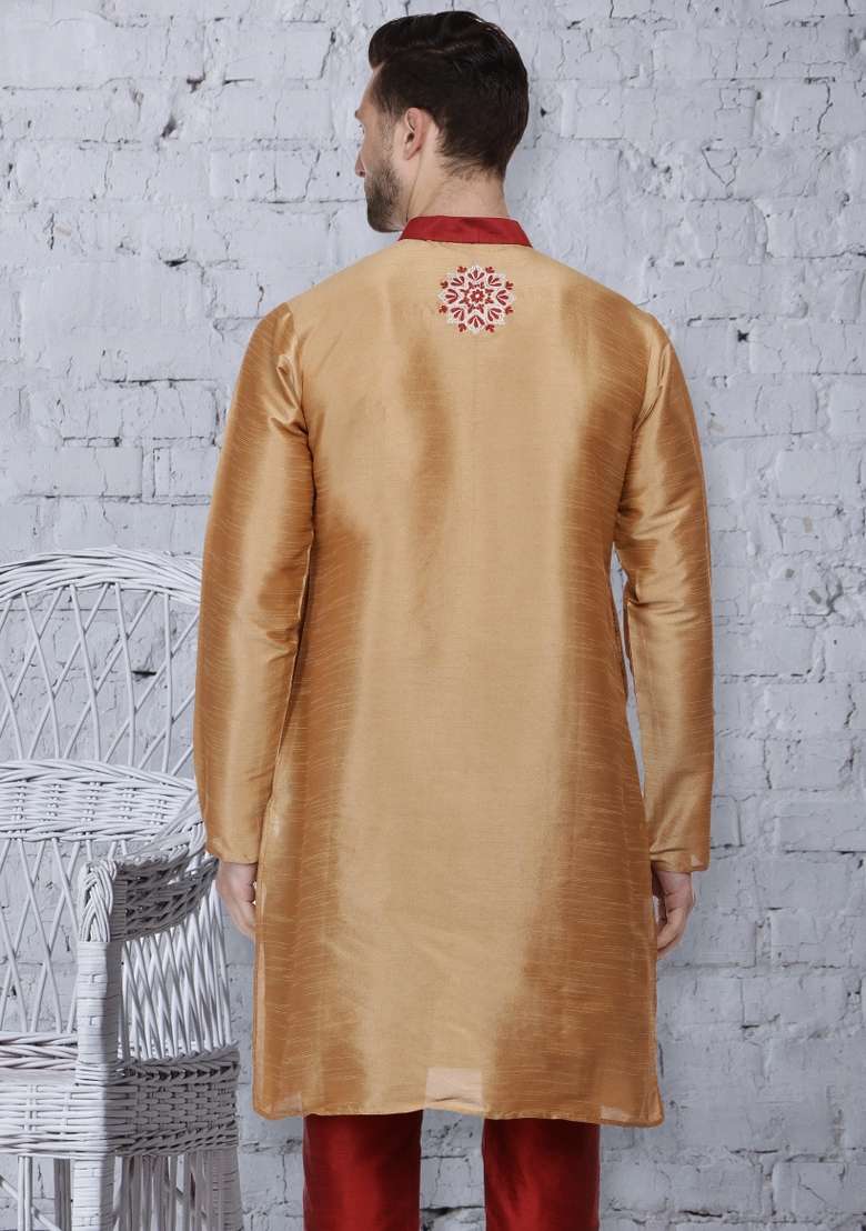 Golden Embroidery Sequins Work Dupion Silk Blend Kurta For Men - Indya