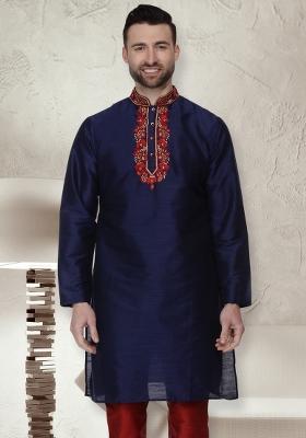 Navy Blue Embroidery Sequins Work Dupion Silk Kurta For Men