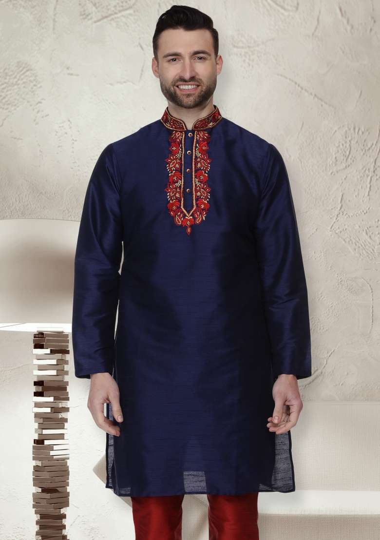 Navy Blue Embroidery Sequins Work Dupion Silk Blend Kurta For Men - Indya