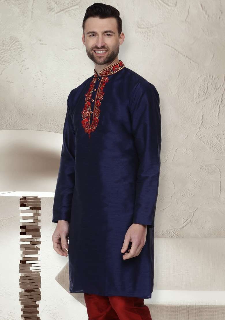 Navy Blue Embroidery Sequins Work Dupion Silk Blend Kurta For Men - Indya