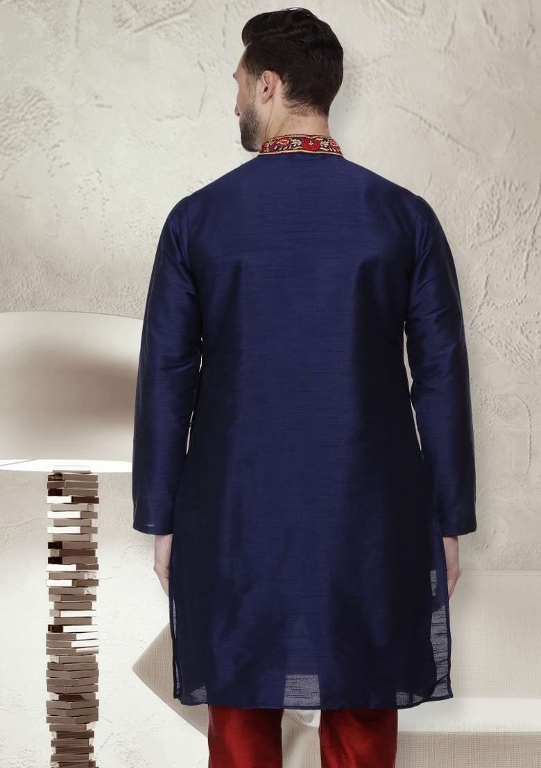 Navy Blue Embroidery Sequins Work Dupion Silk Blend Kurta For Men - Indya