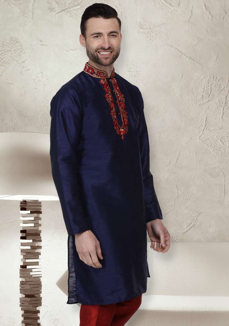 Navy Blue Embroidery Sequins Work Dupion Silk Blend Kurta For Men - Indya