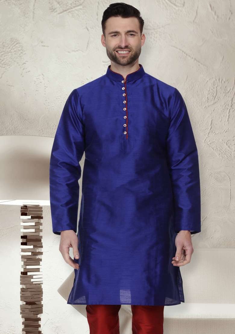 Royal Blue Embroidery Sequins Work Dupion Silk Blend Kurta For Men - Indya