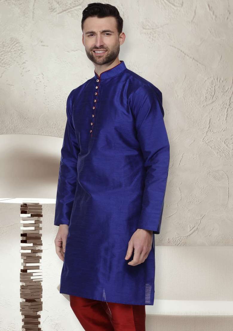Royal Blue Embroidery Sequins Work Dupion Silk Blend Kurta For Men - Indya