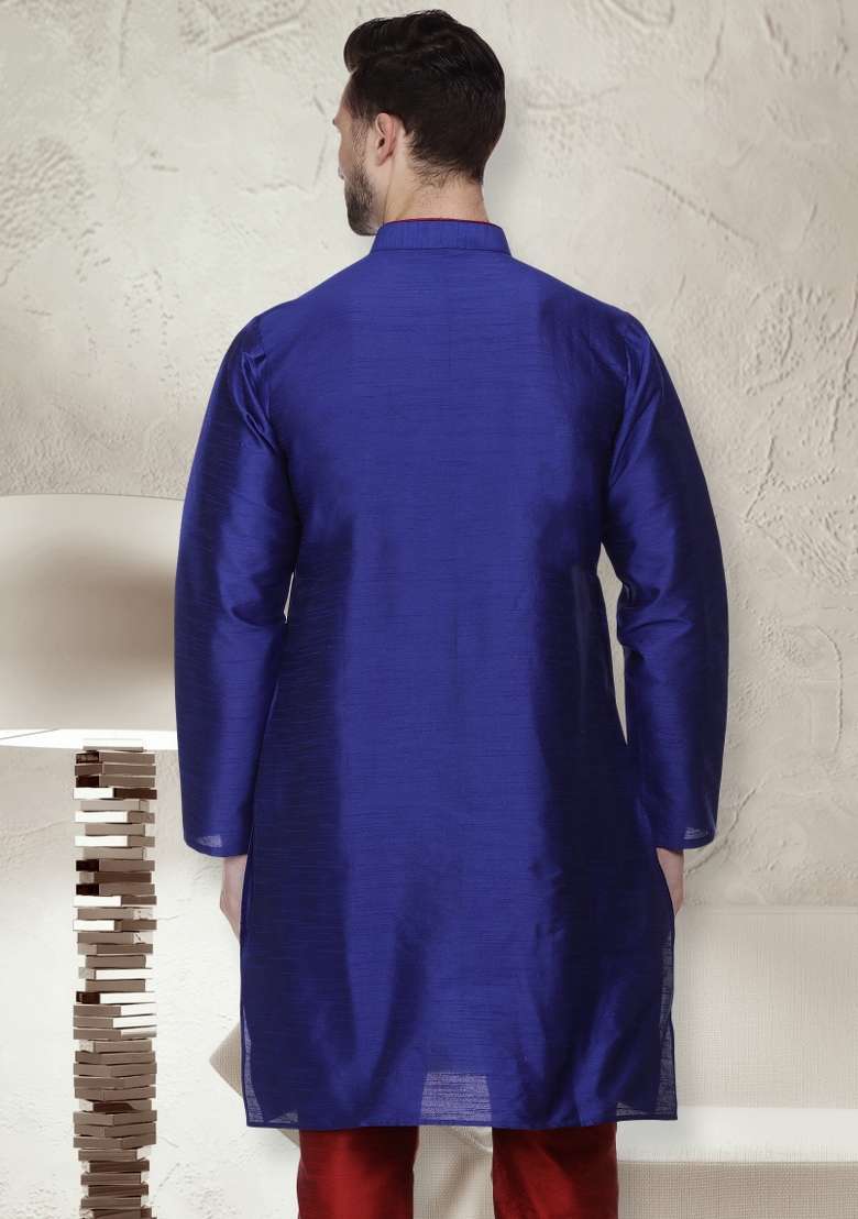 Royal Blue Embroidery Sequins Work Dupion Silk Blend Kurta For Men - Indya