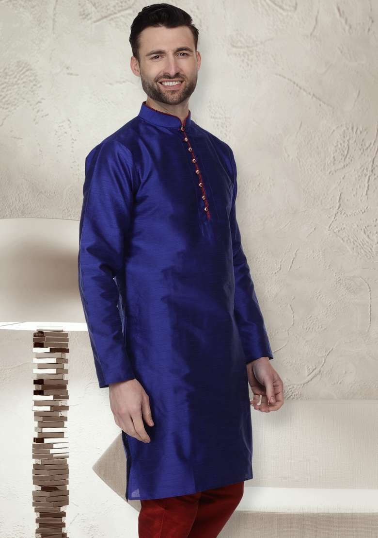 Royal Blue Embroidery Sequins Work Dupion Silk Blend Kurta For Men - Indya