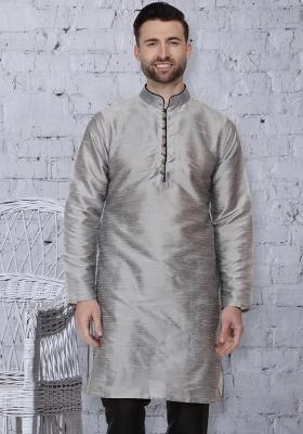 Grey Embroidery Sequins Work Dupion Silk Blend Kurta For Men