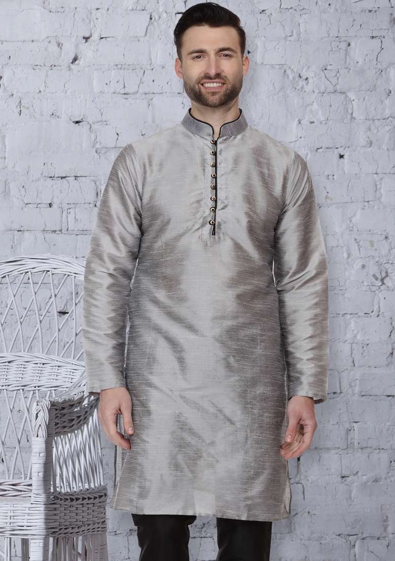 Grey Embroidery Sequins Work Dupion Silk Blend Kurta For Men - Indya