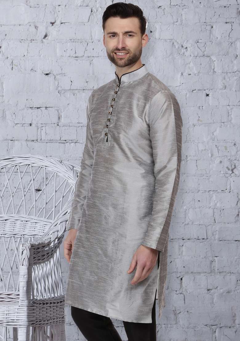 Grey Embroidery Sequins Work Dupion Silk Blend Kurta For Men - Indya