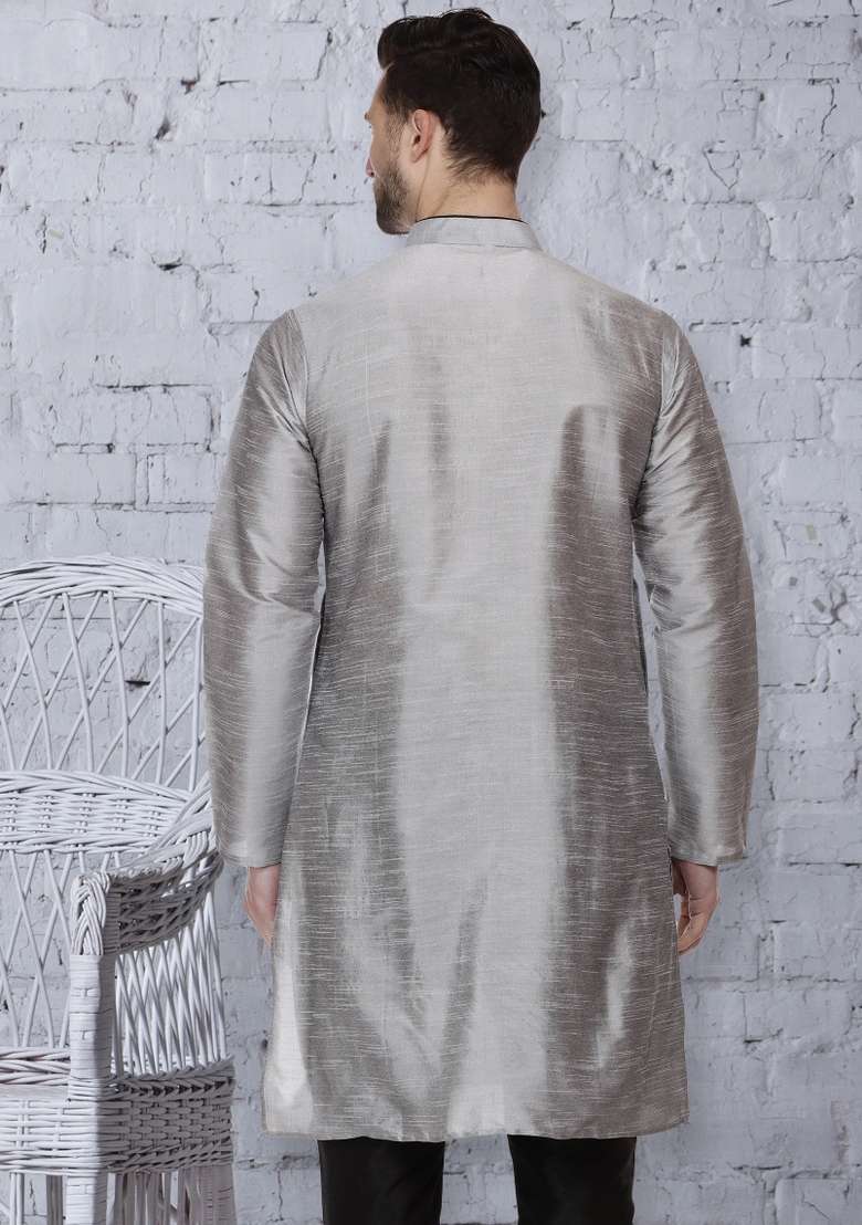 Grey Embroidery Sequins Work Dupion Silk Blend Kurta For Men - Indya
