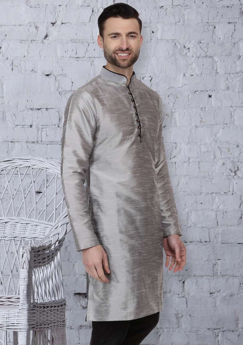 Grey Embroidery Sequins Work Dupion Silk Blend Kurta For Men - Indya