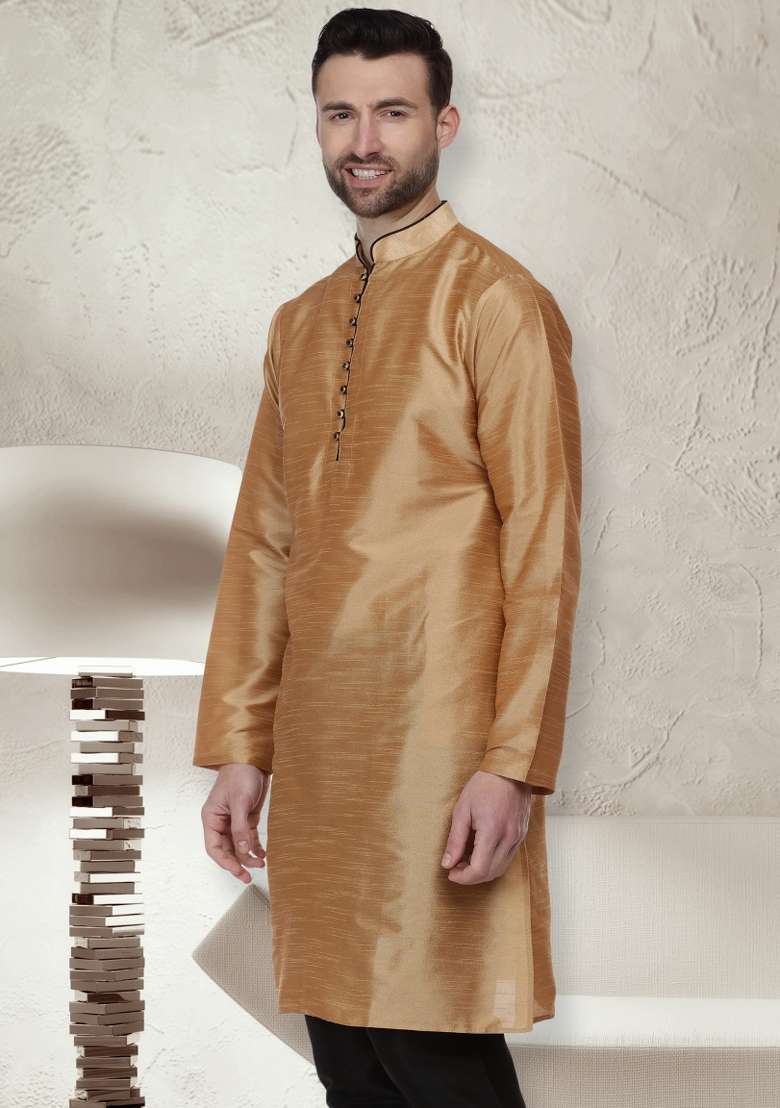 Golden Embroidery Sequins Work Dupion Silk Blend Kurta For Men - Indya