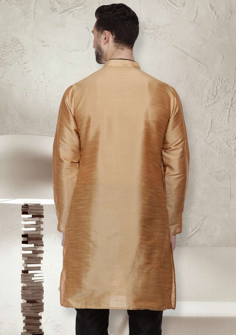Golden Embroidery Sequins Work Dupion Silk Blend Kurta For Men - Indya