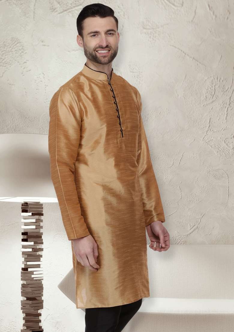Golden Embroidery Sequins Work Dupion Silk Blend Kurta For Men - Indya