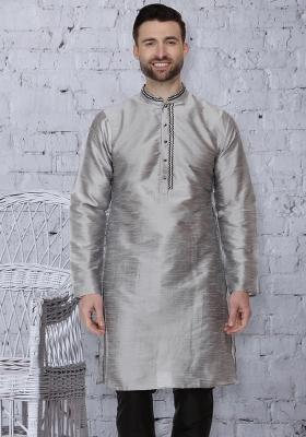 Grey Embroidery Sequins Work Dupion Silk Blend Kurta For Men