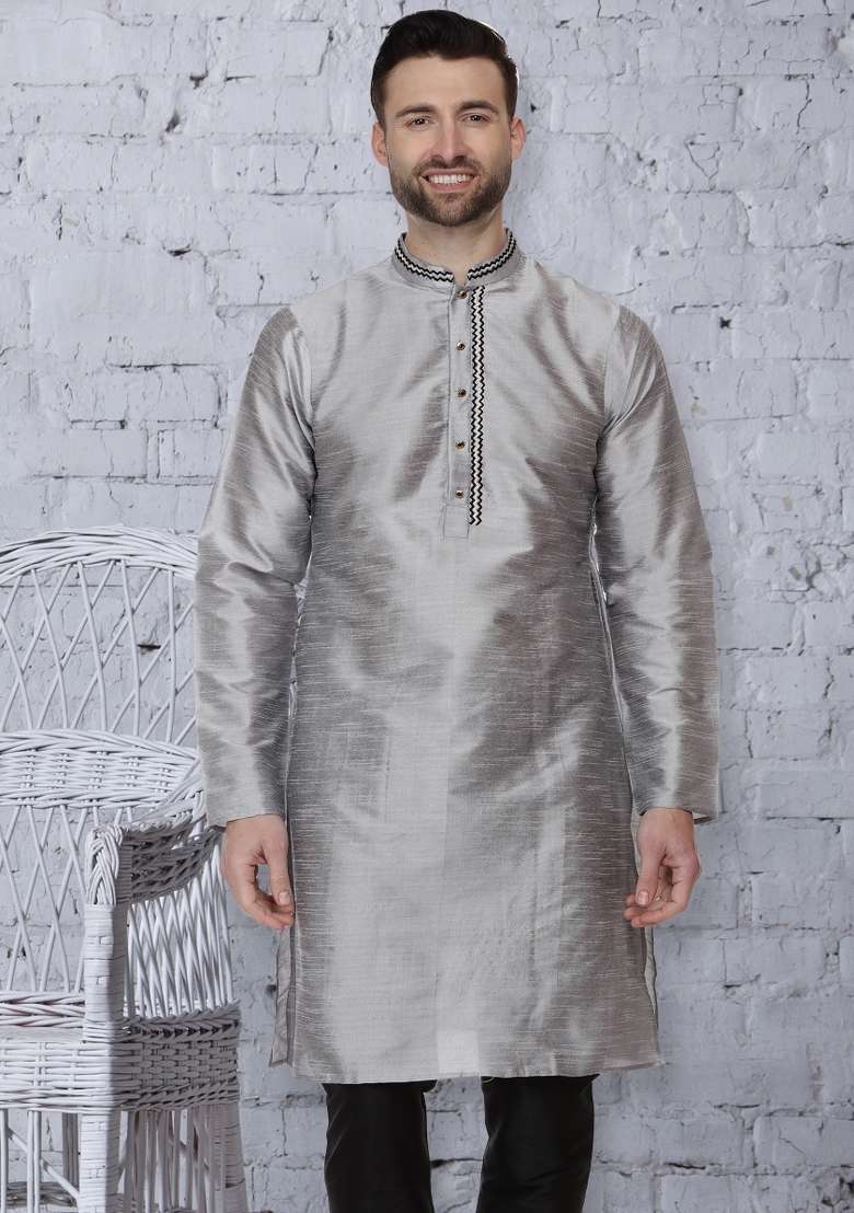 Grey Embroidery Sequins Work Dupion Silk Blend Kurta For Men - Indya