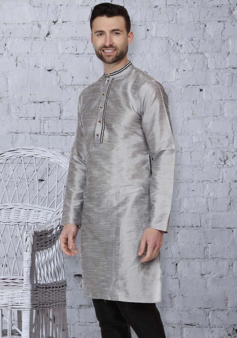Grey Embroidery Sequins Work Dupion Silk Blend Kurta For Men - Indya