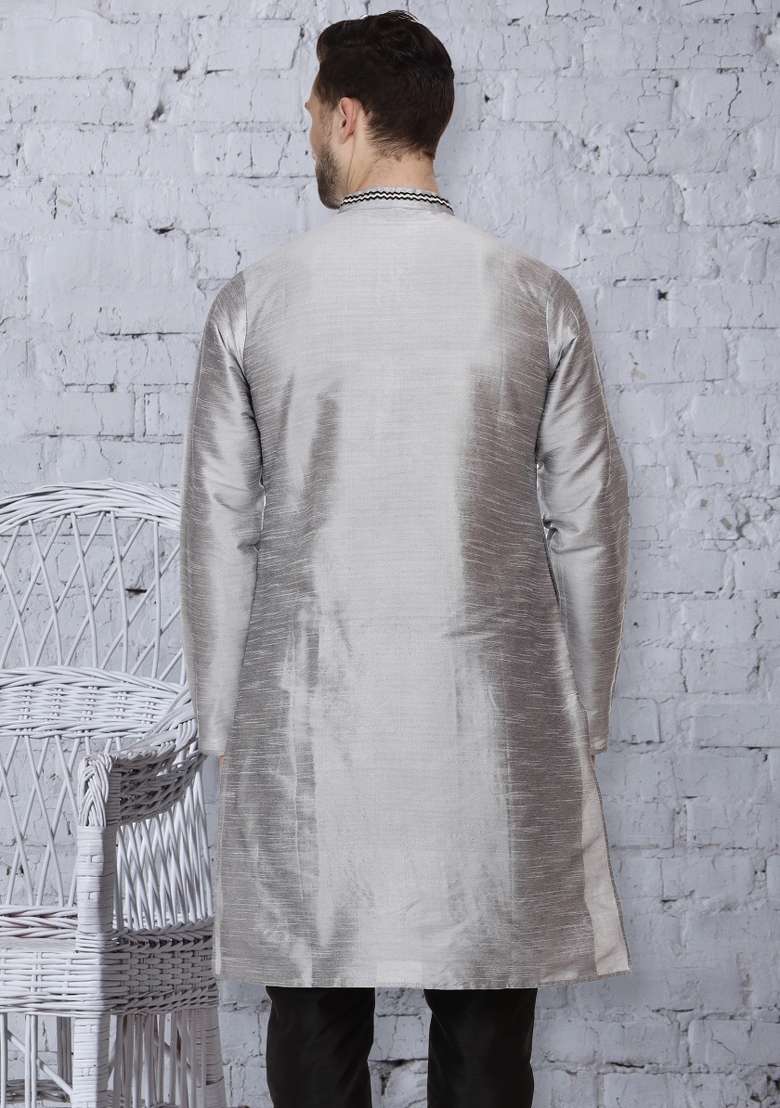Grey Embroidery Sequins Work Dupion Silk Blend Kurta For Men - Indya