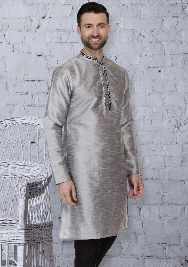 Grey Embroidery Sequins Work Dupion Silk Blend Kurta For Men - Indya