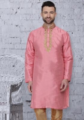 Pink Embroidery Sequins Work Dupion Silk Kurta For Men