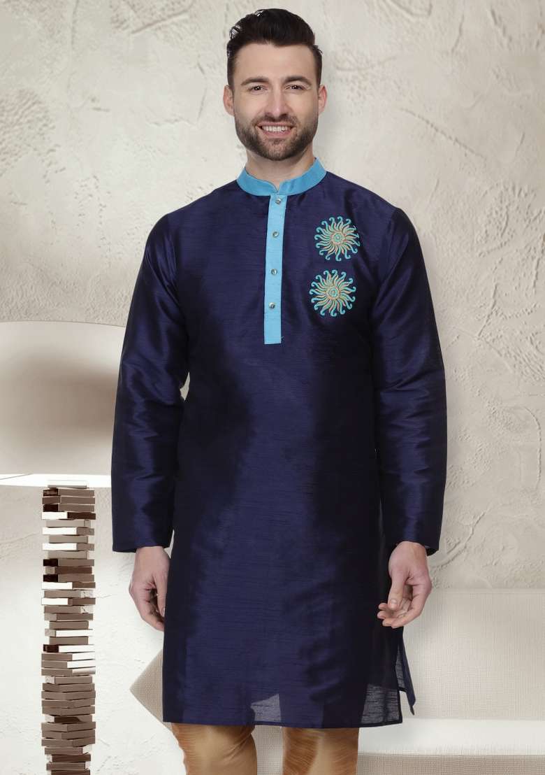 Navy Blue Embroidery Sequins Work Dupion Silk Blend Kurta For Men - Indya